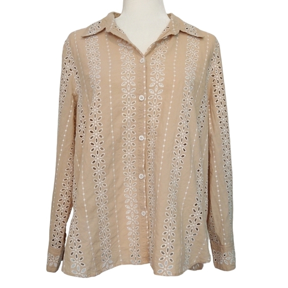 Zara Peach Openwork Embroidery Cutout Long Sleeve Button-Up Shirt Boho - Picture 1 of 10